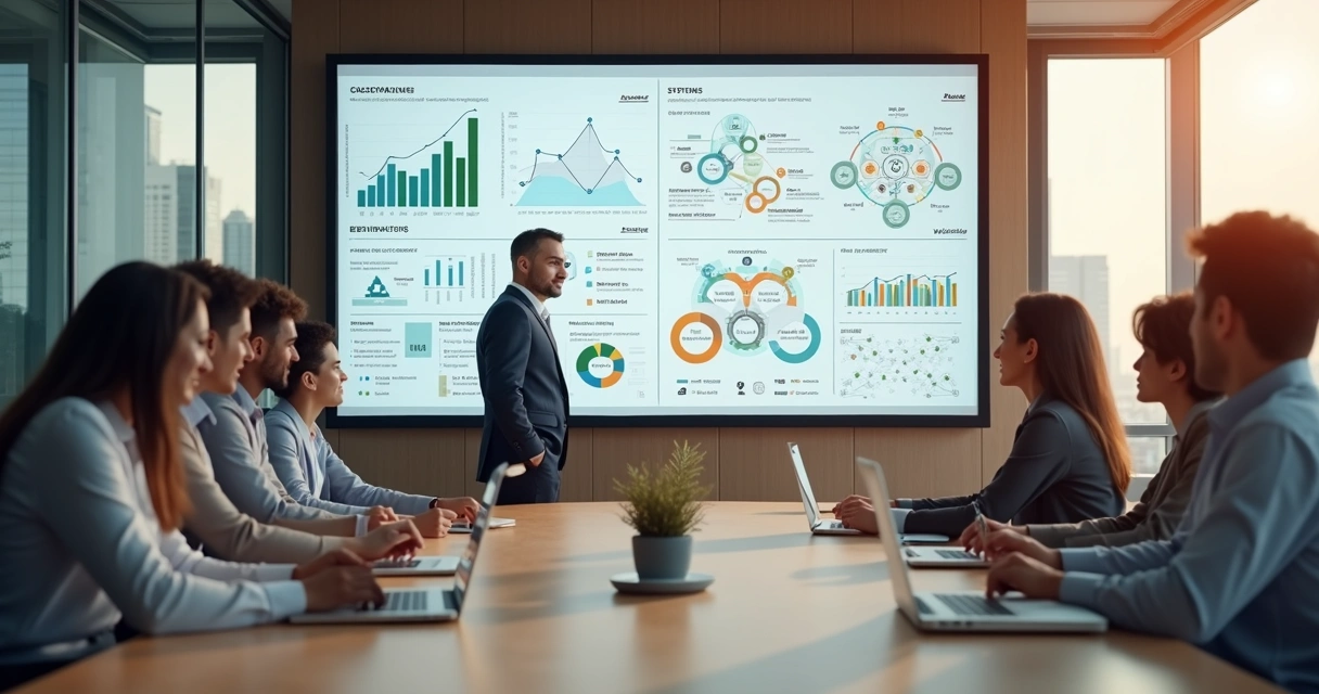 Gestor e equipe analisando indicadores de desempenho em painel sistêmico 