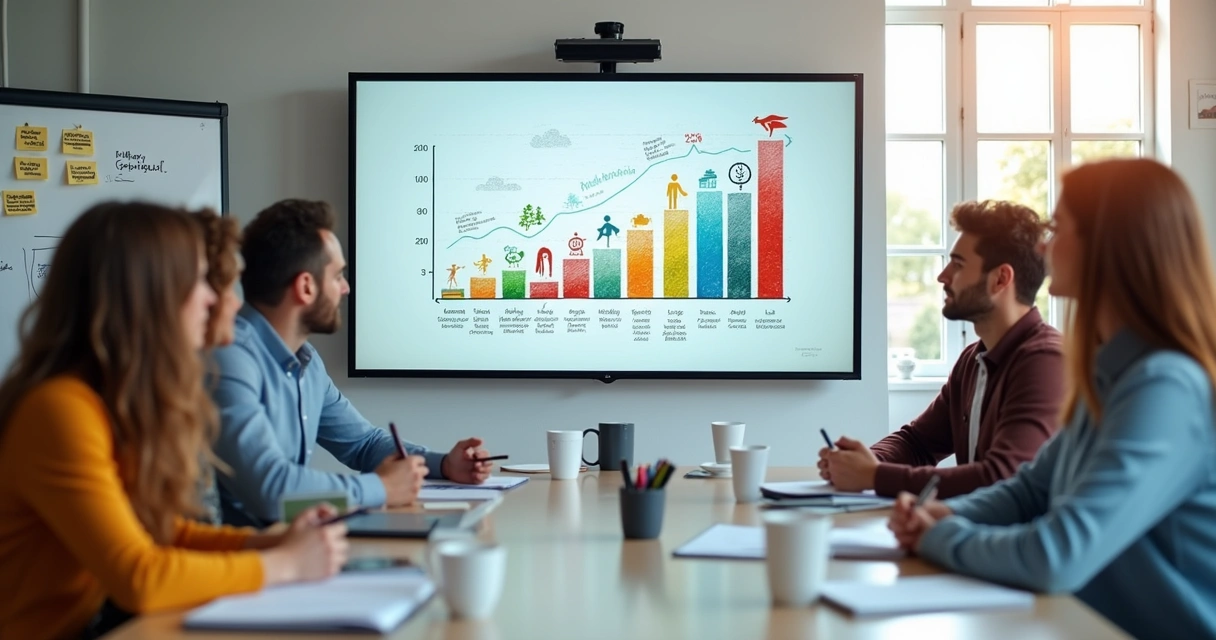 Equipe em reunião analisando gráficos sociais em uma tela grande 