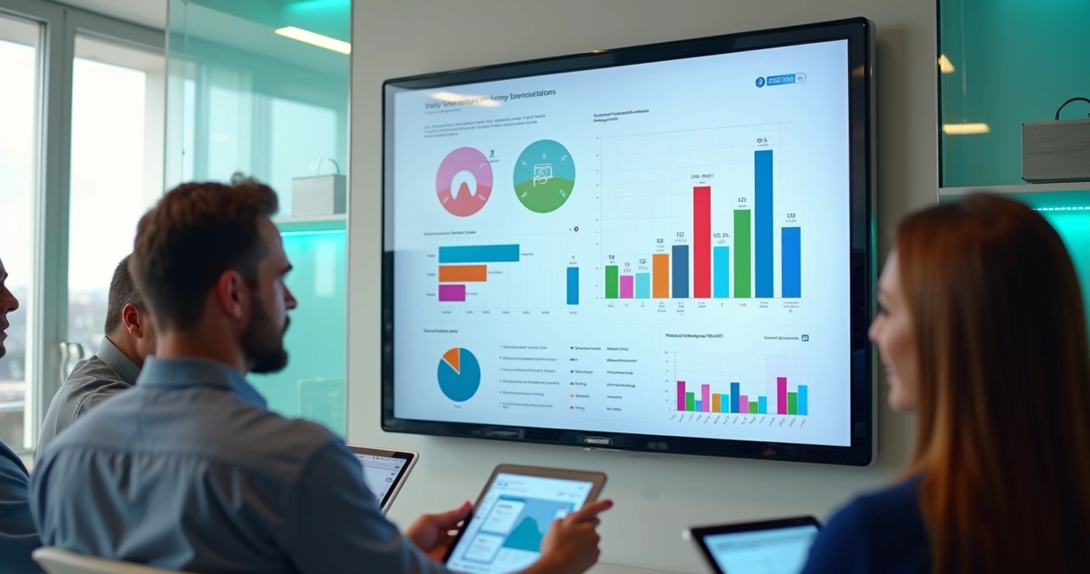 Painel digital com gráficos representando indicadores de desempenho na recepção de clínica odontológica