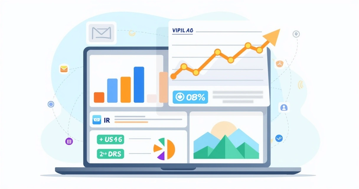 Painel digital com gráficos coloridos de taxas de abertura, cliques e ROI 