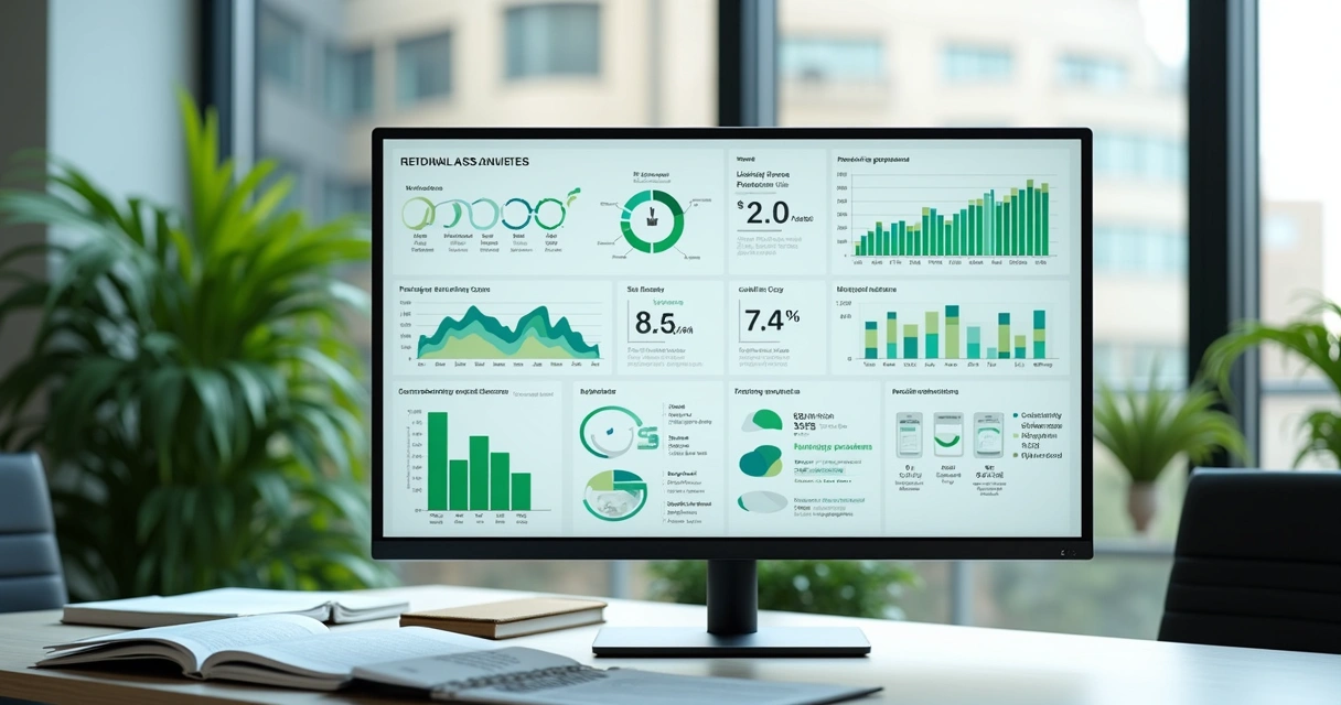 Gráfico de indicadores de reciclagem e ambiente de escritório moderno com tela de computador mostrando dashboard ESG
