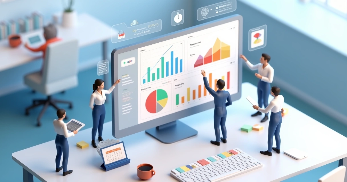 Dashboard 3D com indicadores de tarefas e equipe analisando gráficos 