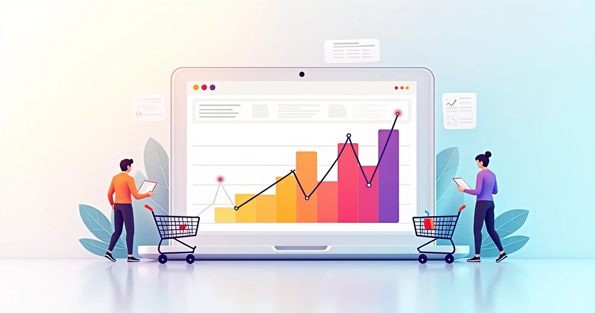 Gráfico colorido exibindo a taxa de conversão de uma loja online, com barras subindo e ícones de pessoas e carrinhos de compras ao redor 