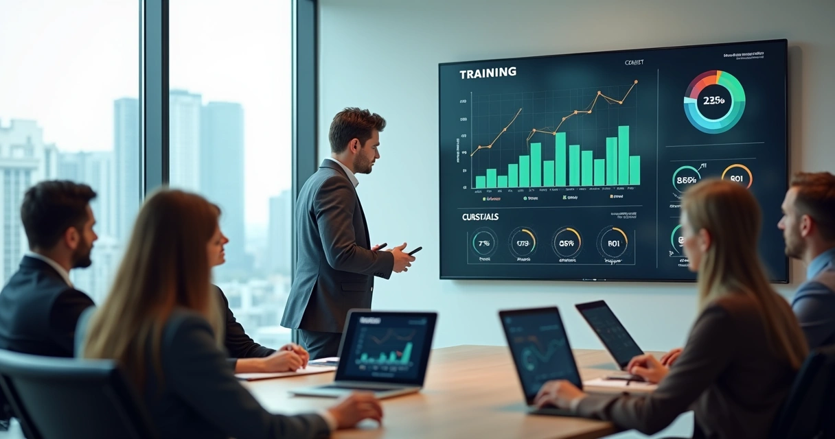 Gestor analisando indicadores de treinamento em painel digital com equipe ao fundo 