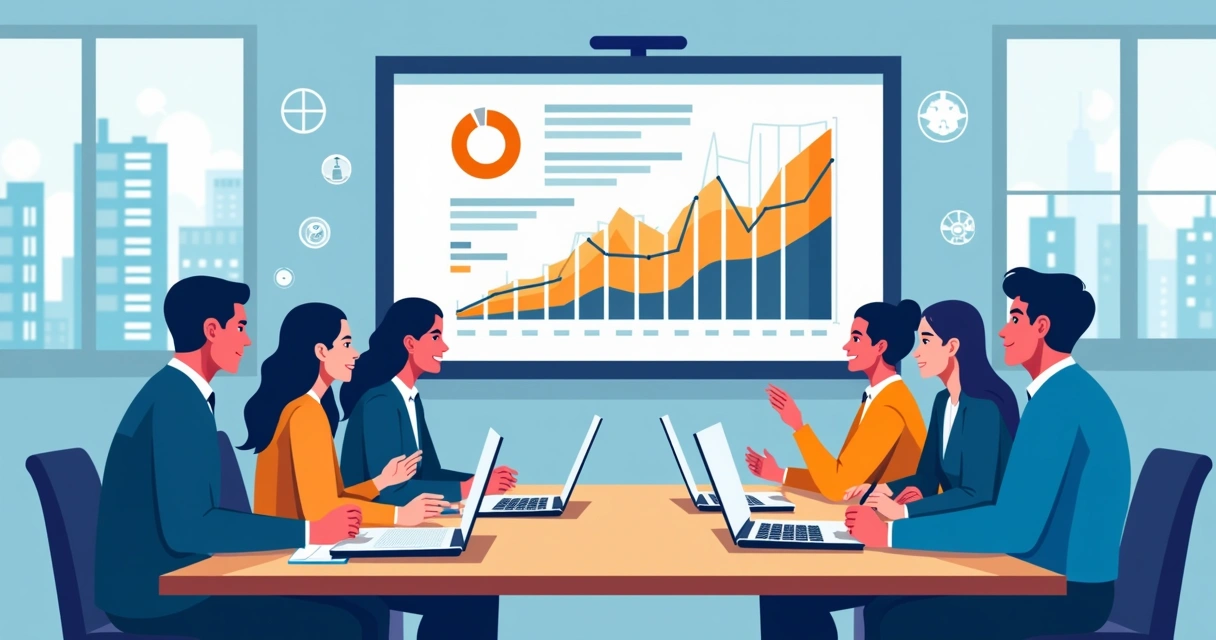 Equipe analisando gráficos e dados em sala de reunião
