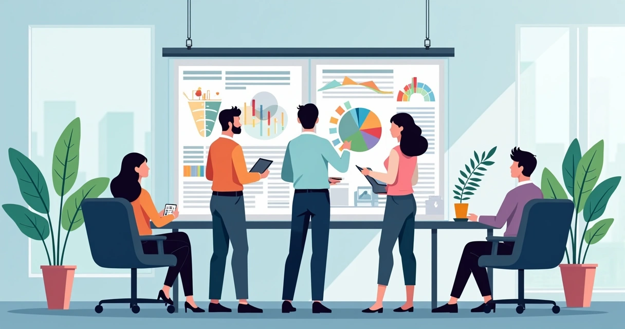 Gestor apresentando gráfico de resultados em painel para equipe em escritório moderno 