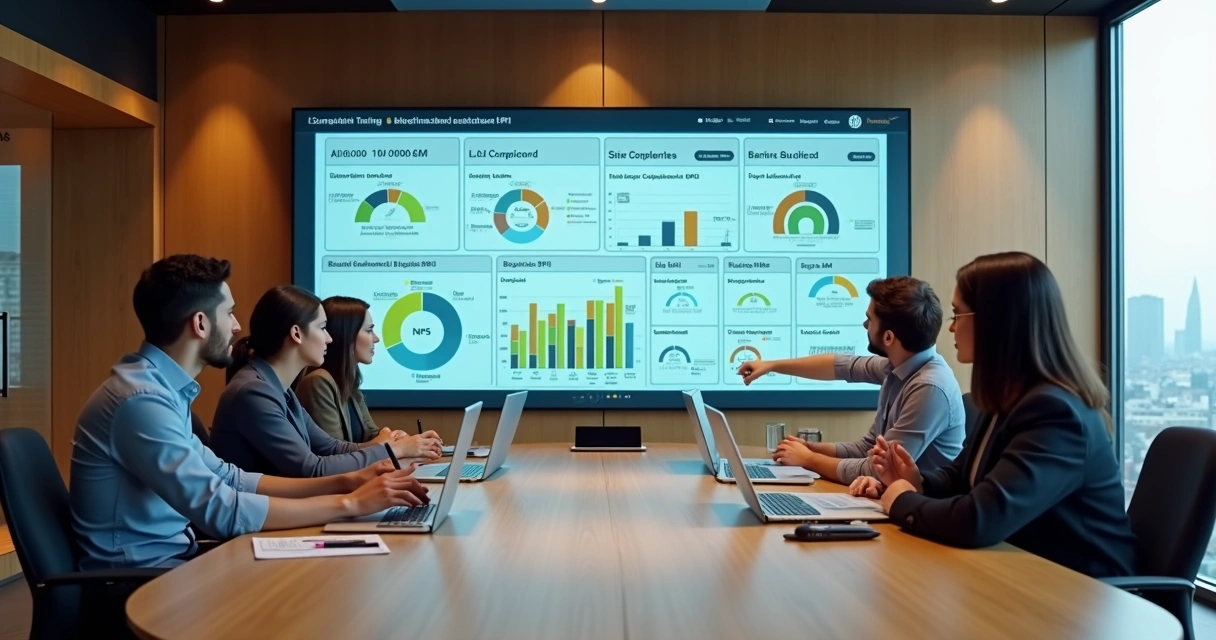 Gestores analisam painel de KPIs de treinamento corporativo em sala de reunião 