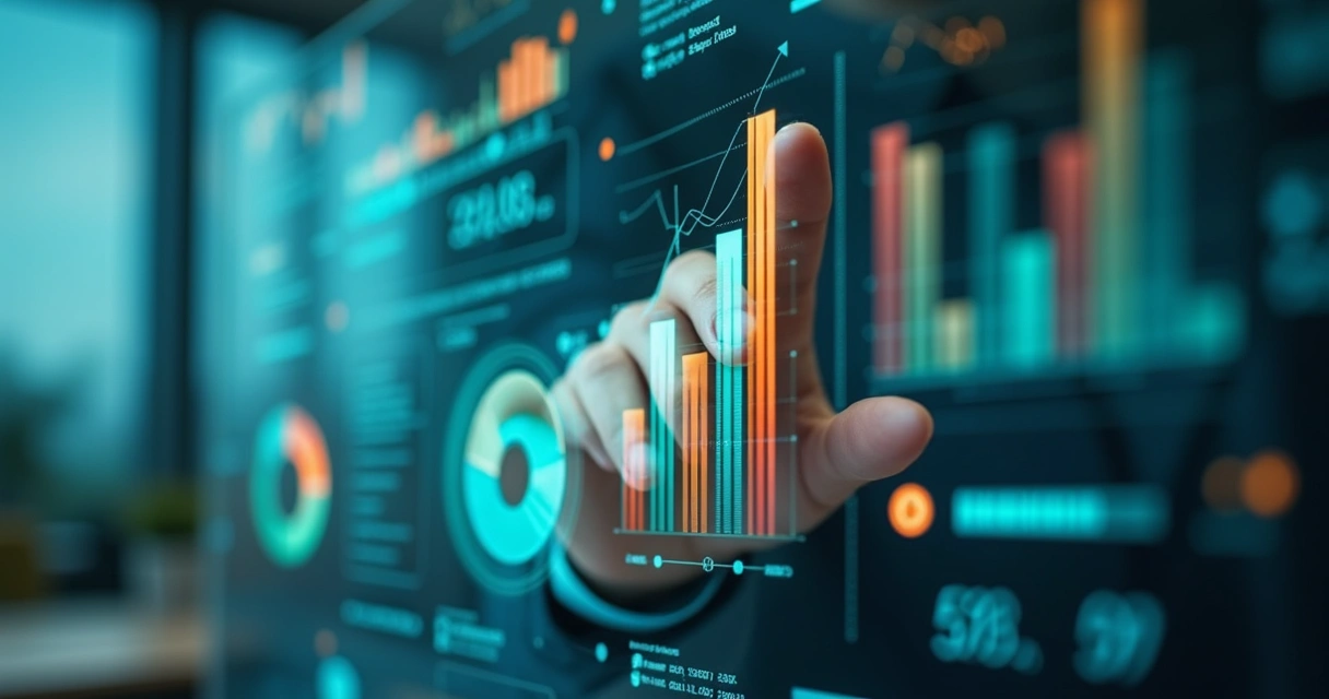 Gráfico de indicadores de negócios com linhas ascendentes e ícones financeiros 
