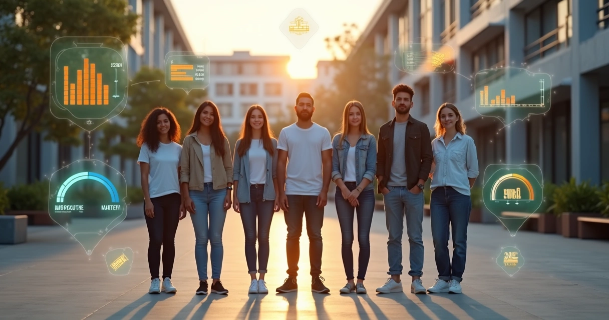 Painel de indicadores humanos projetado sobre pátio de escola com educadores e estudantes 