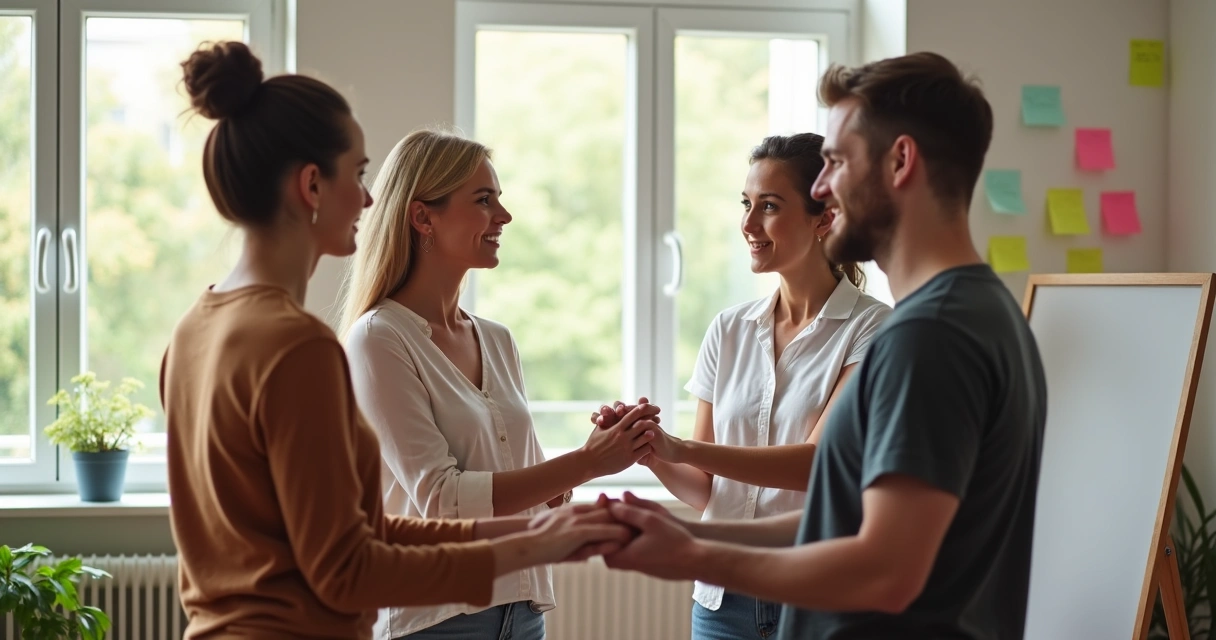 Quatro pessoas em pé em círculo tocando as mãos no centro de uma sala iluminada 