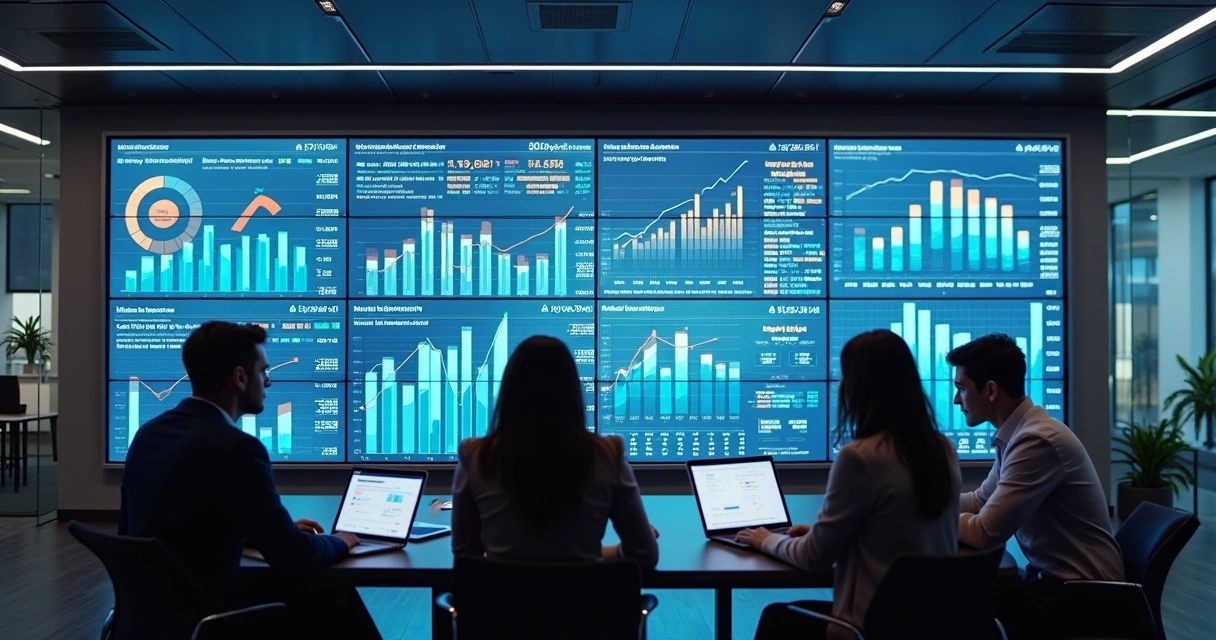 Telão exibindo múltiplos indicadores financeiros de uma holding 