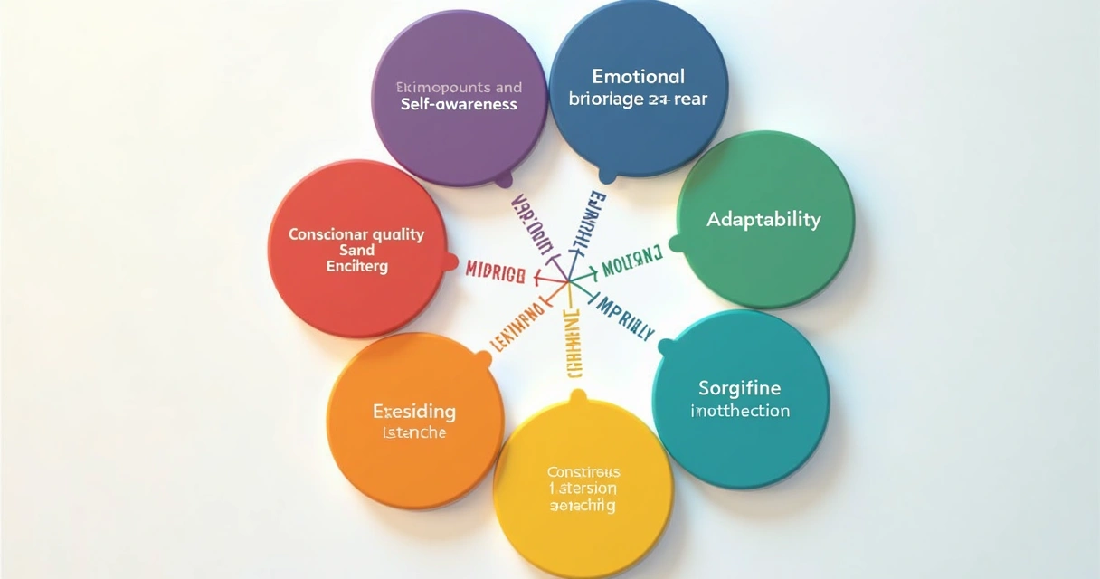 Sete círculos coloridos dispostos em formato de roda, cada um representando um dos indicadores-chave de valuation humano, conectados por linhas finas em fundo claro. 