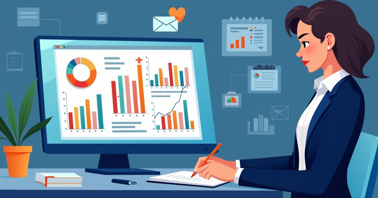 Indicadores de vendas em tela de computador com gráficos coloridos