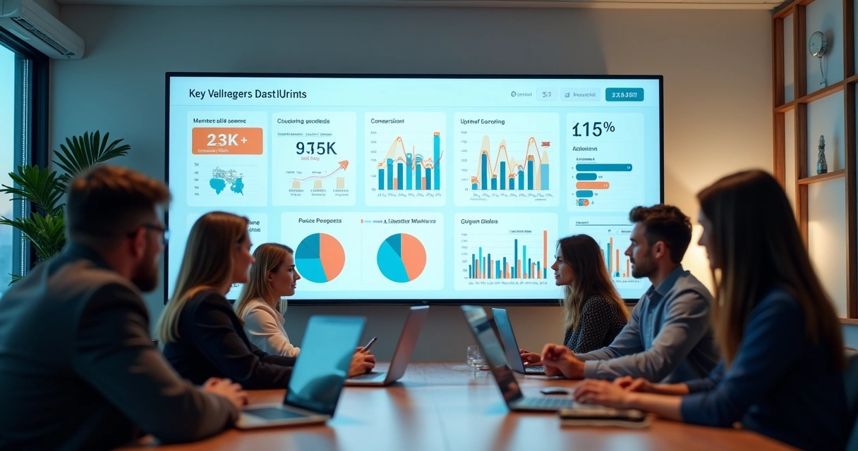 Dashboard digital com métricas e indicadores de vendas de uma agência de viagens sendo analisados por equipe 