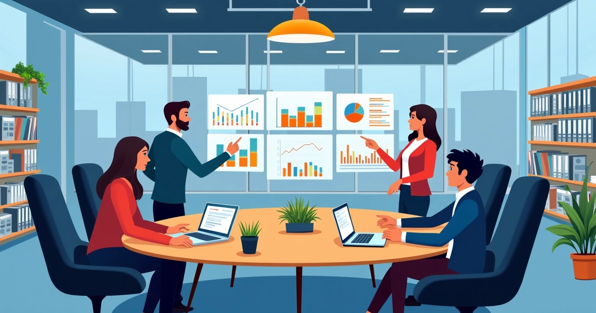Equipe comercial em reunião analisando indicadores de vendas na tela