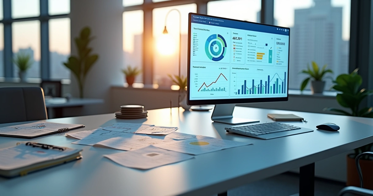 Comparação visual entre relatórios manuais em papel e painel digital de indicadores de vendas imobiliárias 