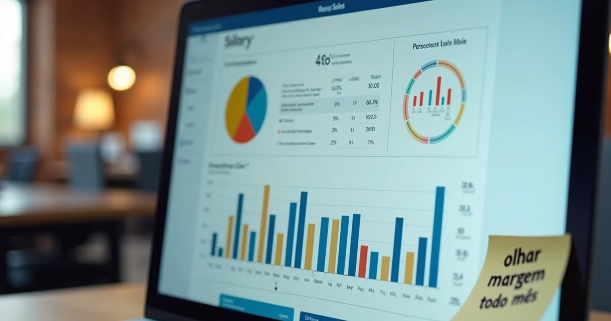 Tela de computador exibindo painel de indicadores de vendas de produtos para PME, gráficos de barras coloridos e tabelas. 