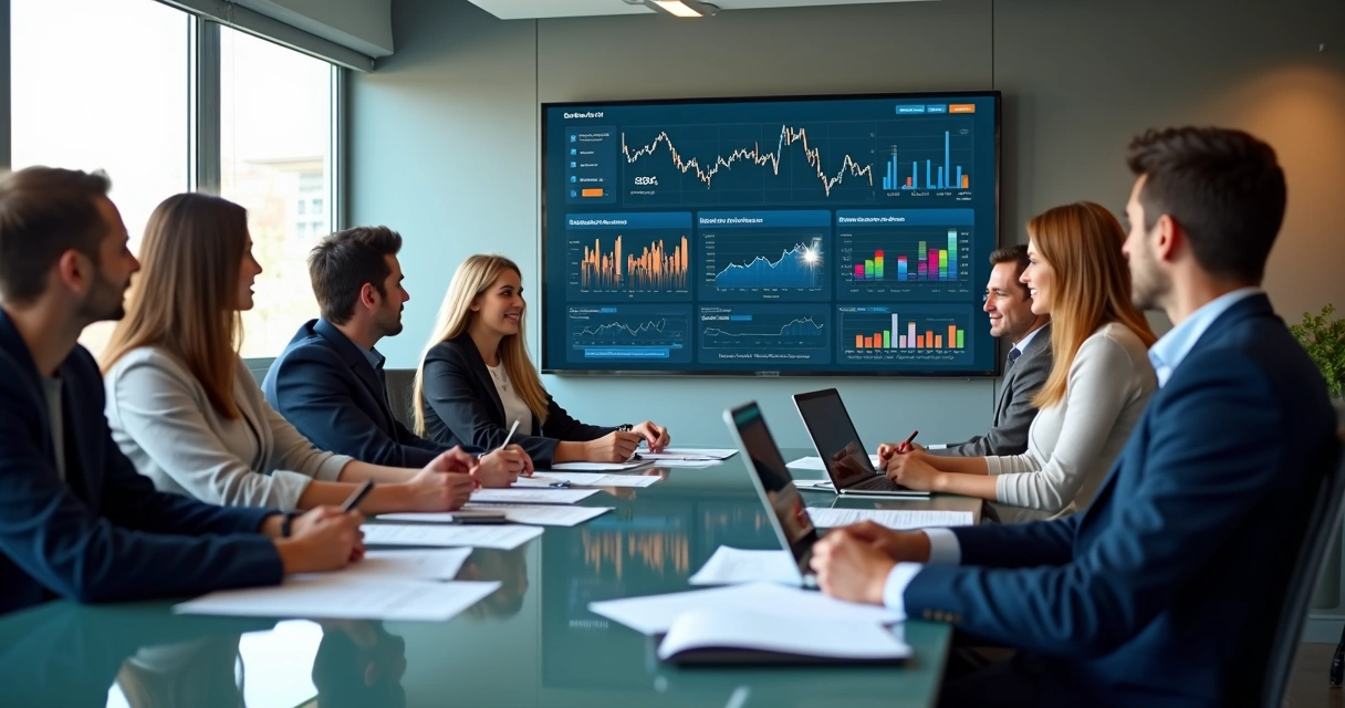 Métricas de Vendas B2B: Guia Prático para Resultados Reais 2 Equipe de vendas reunida em frente a um dashboard com gráficos de indicadores