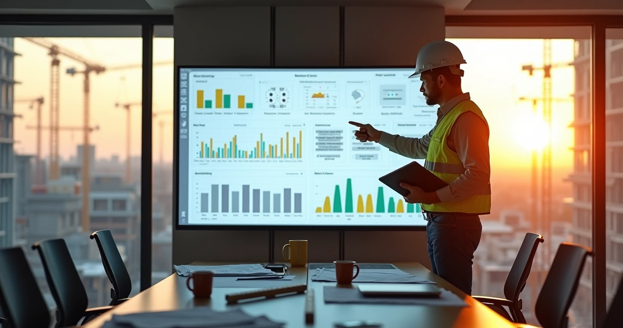 Engenheiro apontando indicadores visuais do avanço físico em obra em grande painel digital 