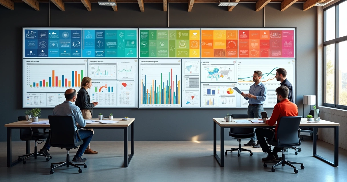 Painel colorido com gráficos visuais de indicadores em canteiro de obra 