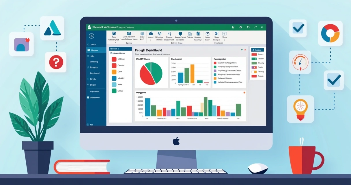 Ilustração corporativa de dashboard do MS Project com indicadores visuais coloridos para controle de riscos 