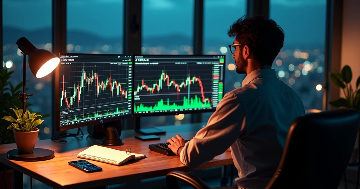 Trader analisando gráficos de volatilidade em várias telas de computador 