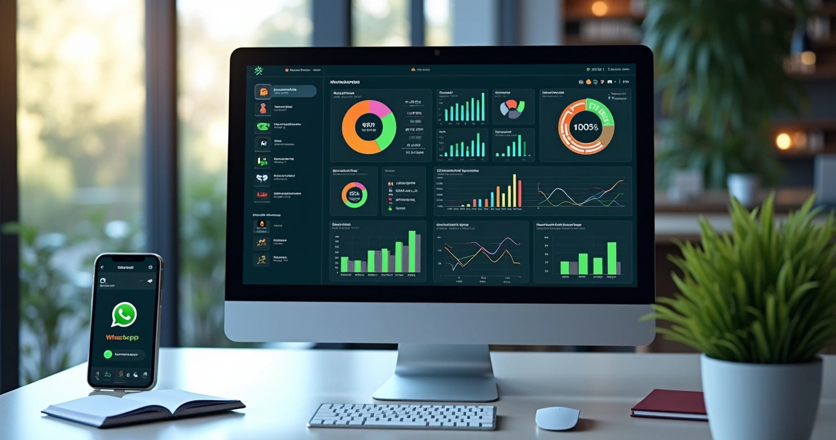 Dashboard com gráficos coloridos exibindo indicadores de IA no WhatsApp