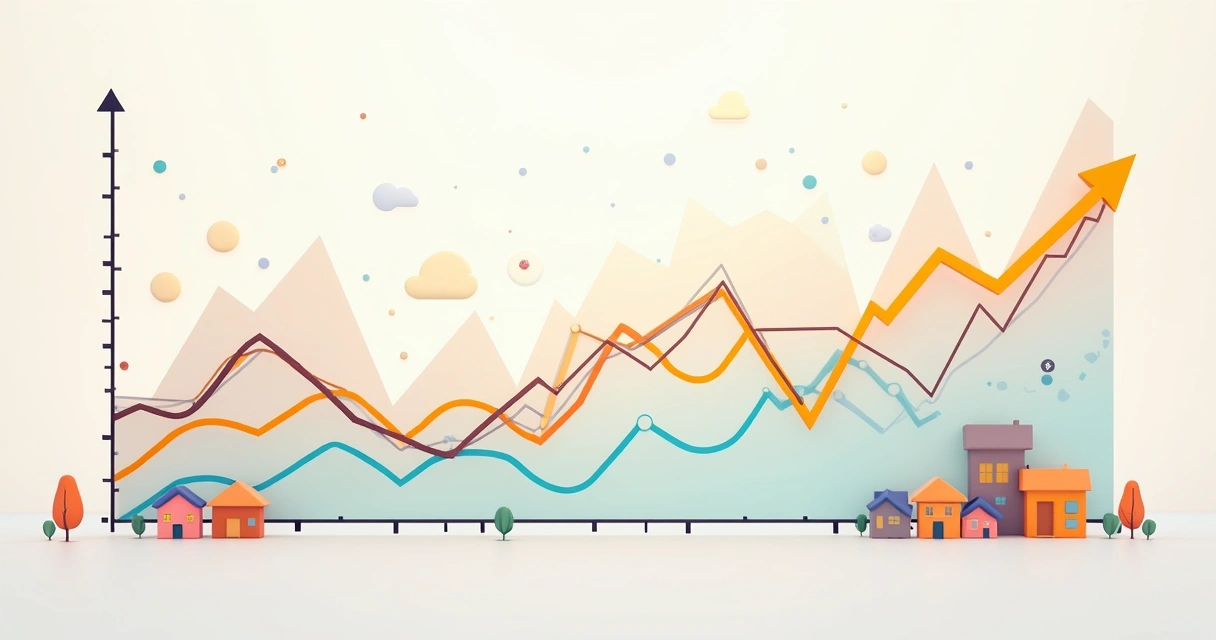 Gráfico colorido de índices econômicos variando sobre fundo neutro 