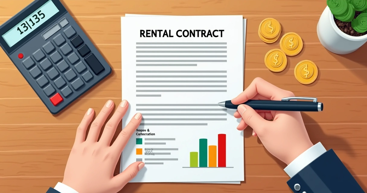 Ilustração de contrato de aluguel com índices e planilha de reajuste ao lado 