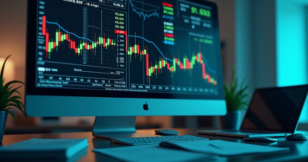 Gráficos de índices de ações em tela de computador com ambiente moderno e iluminação azul 