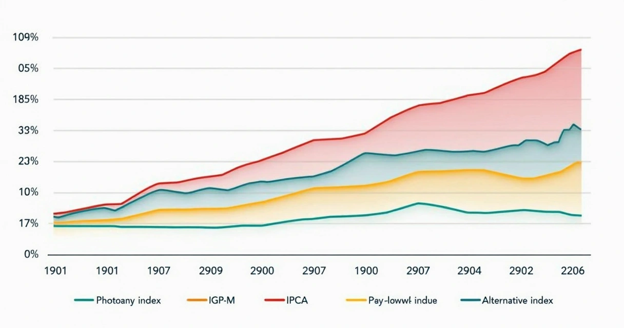 Gráfico colorido comparando IGP-M, IPCA e outros índices ao longo de 12 meses 