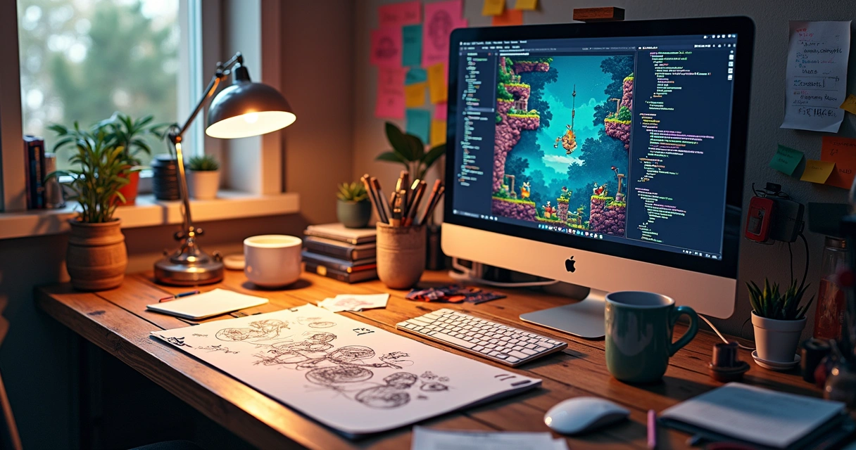 Cluttered desk with indie game sketches and code on computer screen 