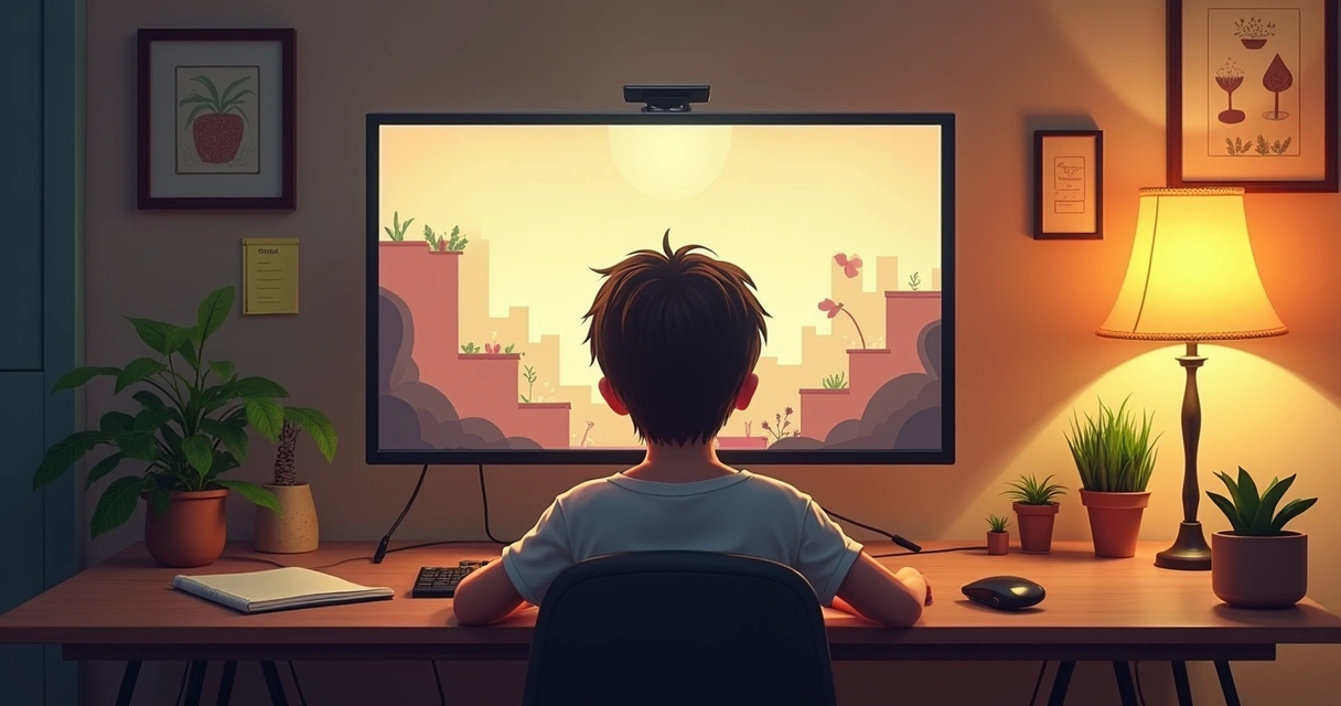 Jogador desfrutando de um jogo indie em uma mesa aconchegante