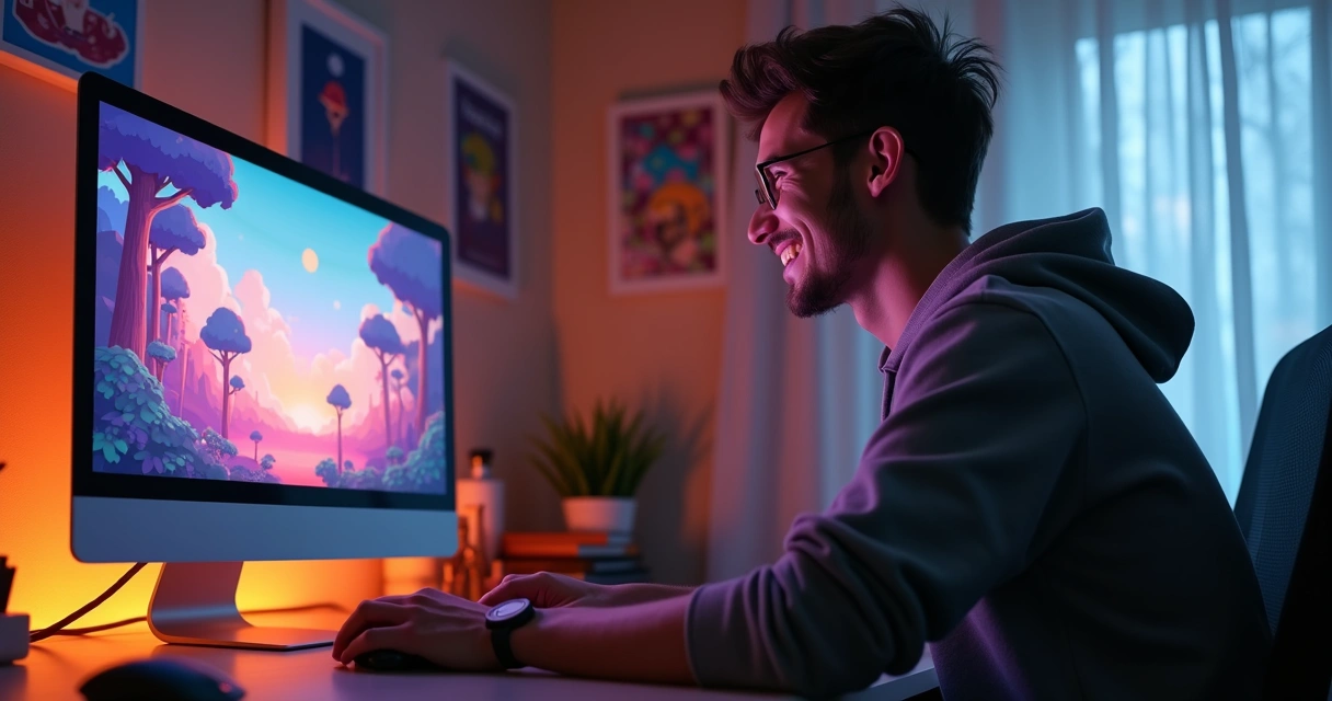 Person playing indie game smiling at screen in cozy room 