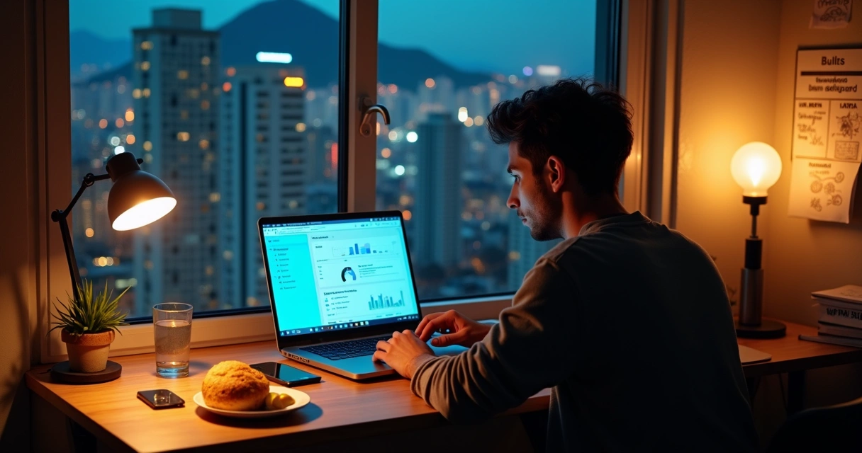 Indie hacker brasileiro trabalhando em casa à noite em projeto digital no notebook 