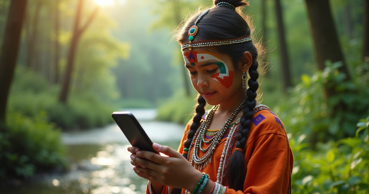 Jovem indígena usando smartphone em cenário natural 