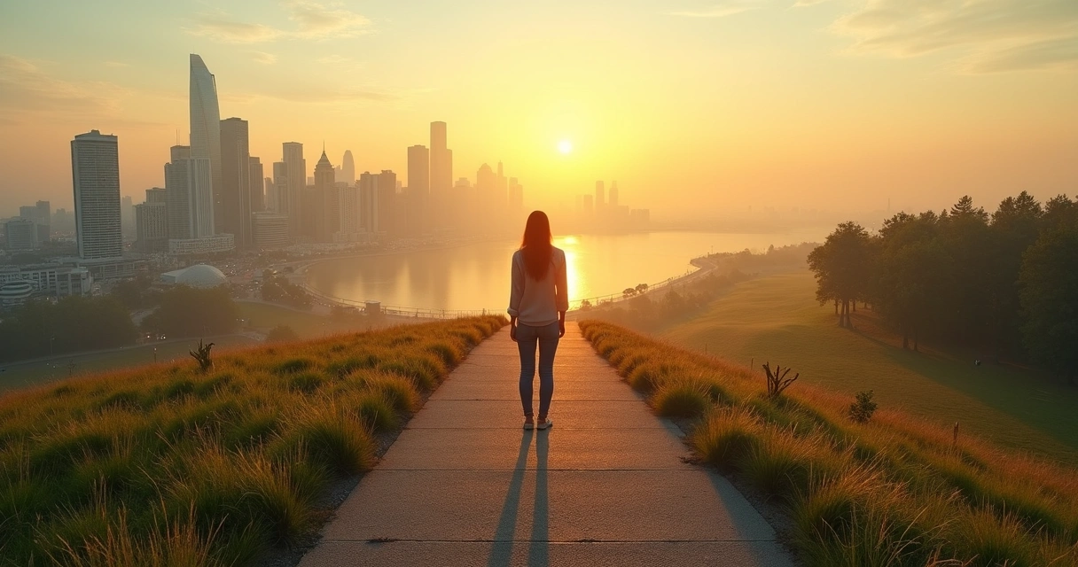 Pessoa em pé em uma encruzilhada entre cidade e natureza, simbolizando individuação e pertencimento 