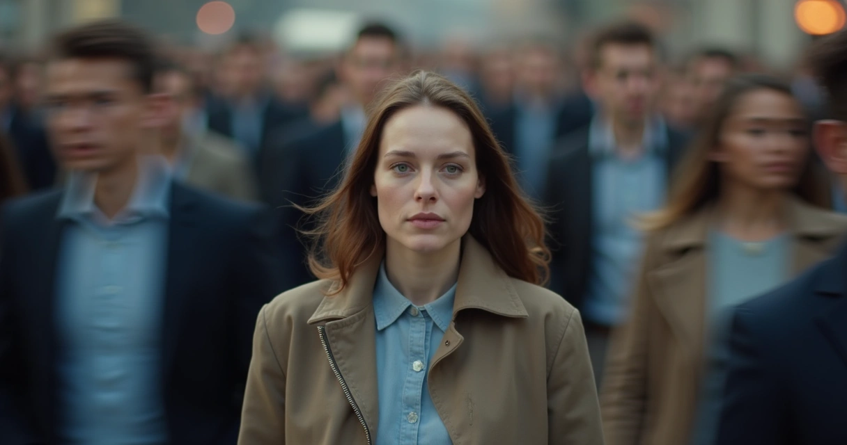 Person in a crowd with a distinct expression