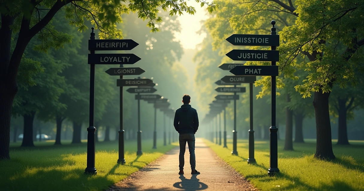 Person at crossroads, paths labeled with different ethical values