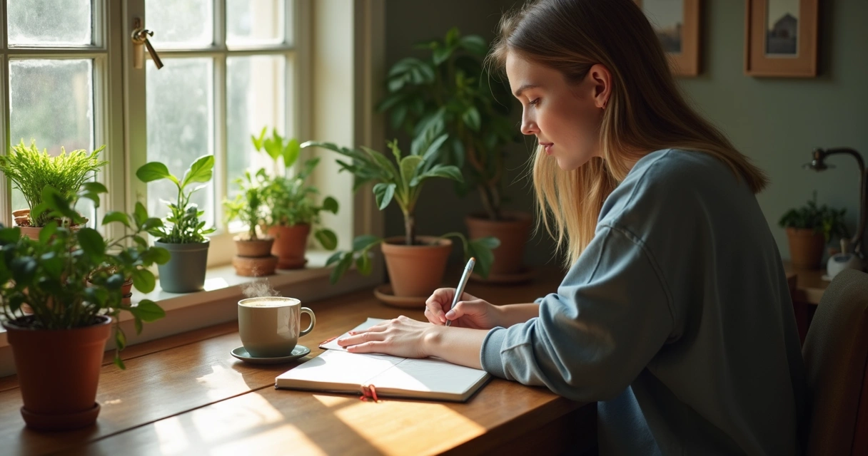 Person journaling at a desk with plants and a cup of tea 