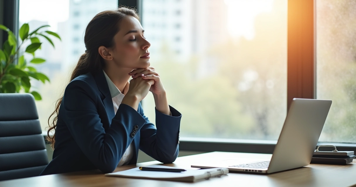 Professional pausing alone at desk for a moment of reflection