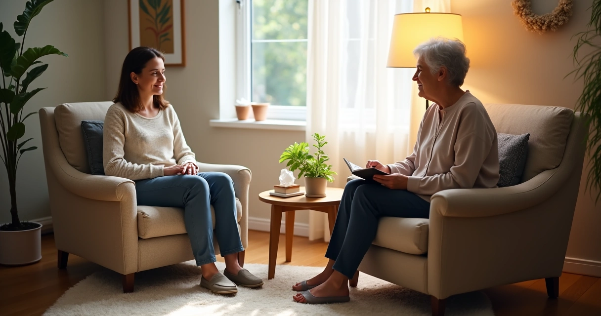 Therapist and person talking across a small table in a cozy therapy room 