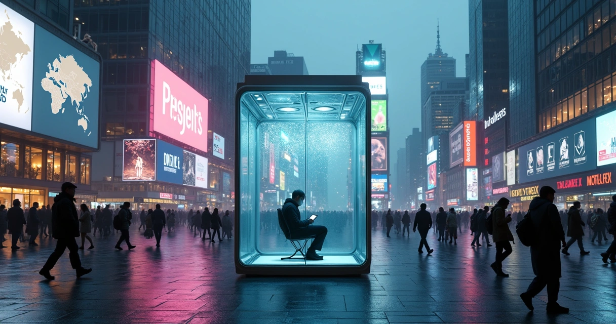 Pessoa isolada em câmara de vidro transparente no centro de cidade hiperconectada 