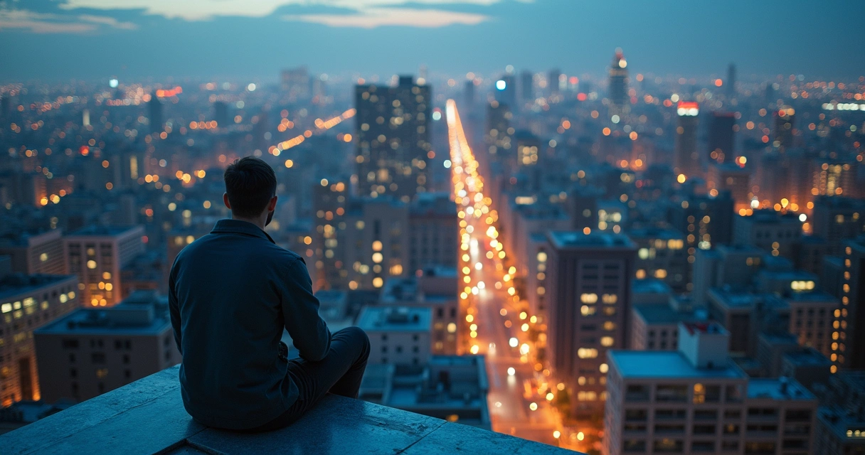 Pessoa isolada em cima de prédio cercada por cidade interligada por luzes 