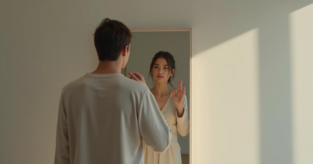 Pessoa adulta olhando para espelho e refletindo sobre si 