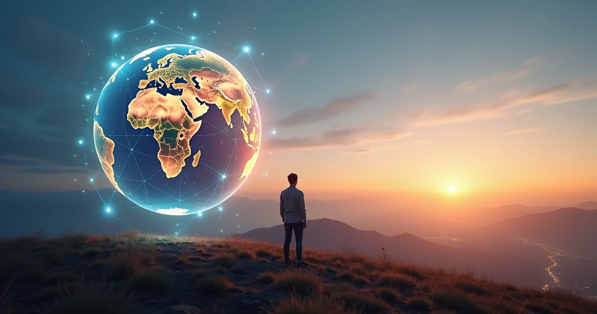 Pessoa observando o planeta em ambiente tecnológico e natural integrado 