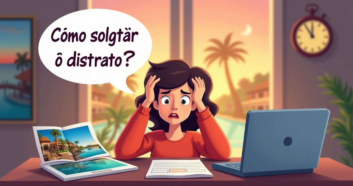 Indivíduo preocupado cercado por folhetos de resort e laptop, considerando distrato de multipropriedade.