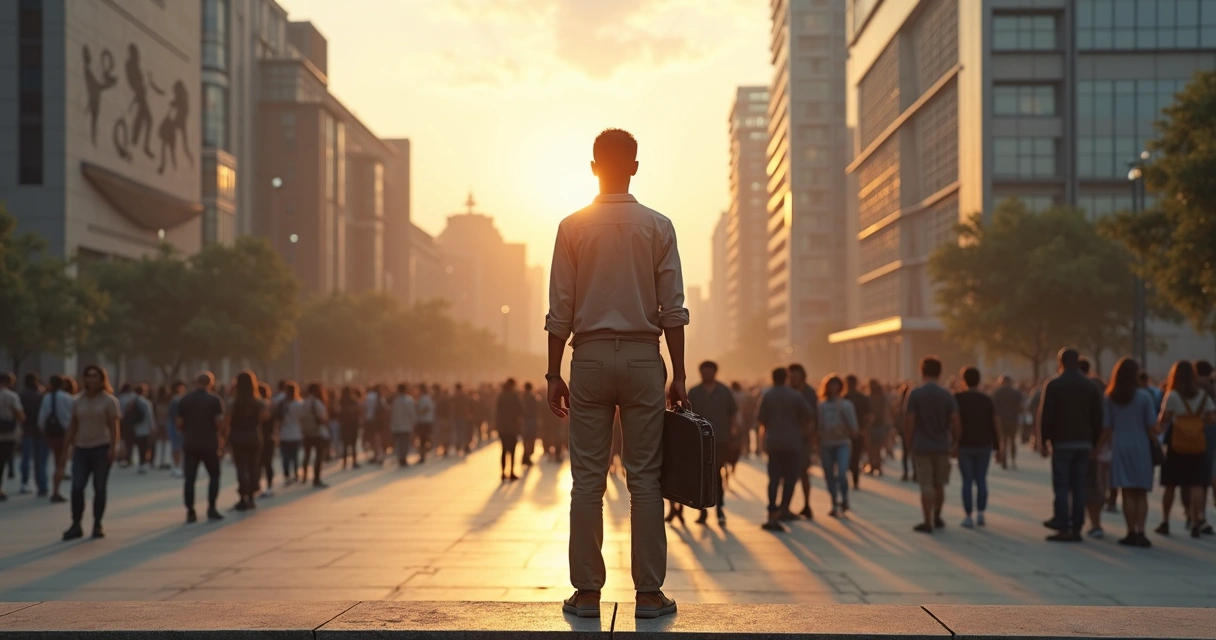 Pessoa em pé diante de multidão com símbolos de mudanças sociais 