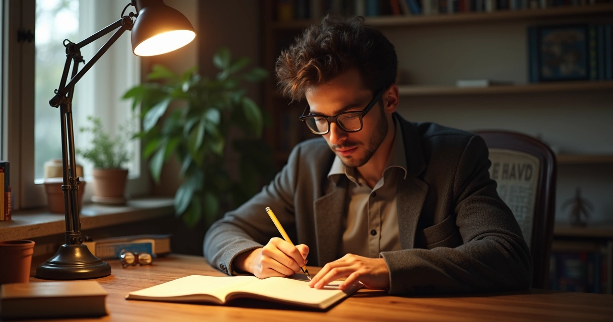 Indivíduo sentado escrevendo em um diário, com expressão reflexiva