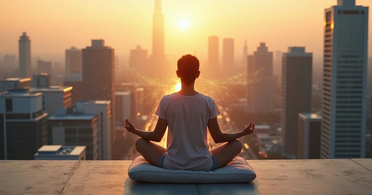 Persona meditando en medio de una ciudad conectada por líneas de luz 